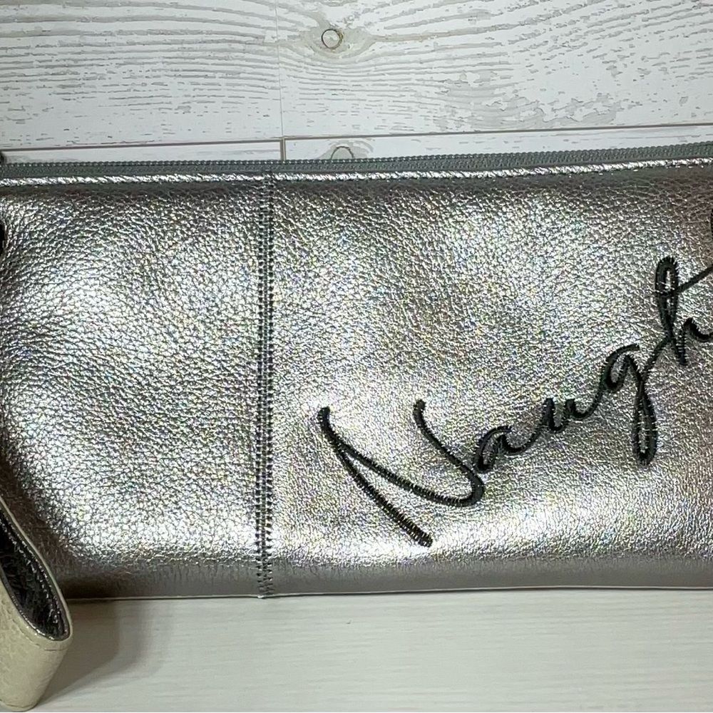 Hobo Metallic Silver Leather Naughty Embroidered Wristlet Clutch Wallet